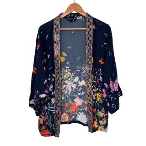 Charlie B Multi Color Butterfly Floral Print Open Front Embroidered Kimono M